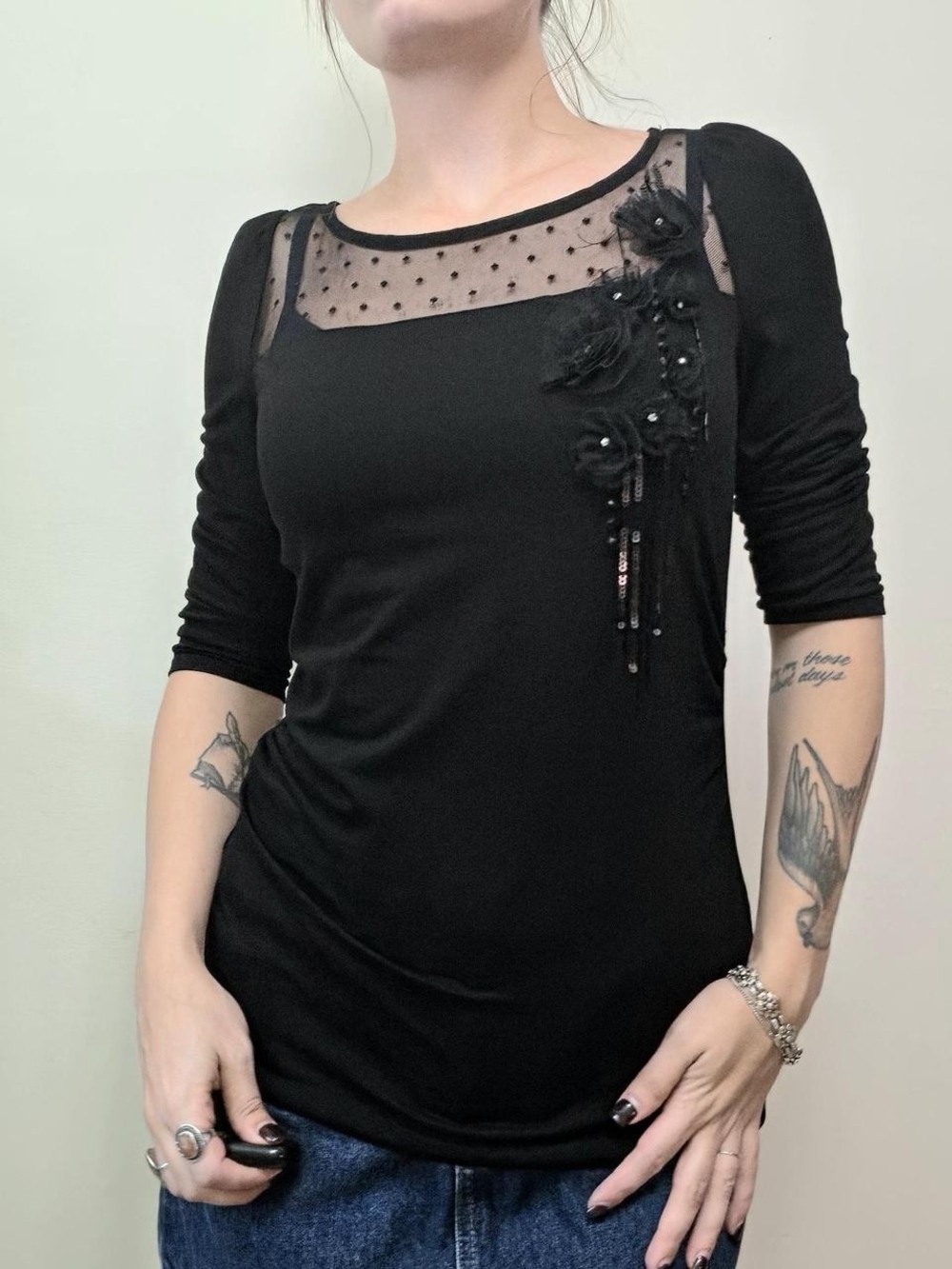Black whimsigoth top with mesh polka dot & bow detail Size S